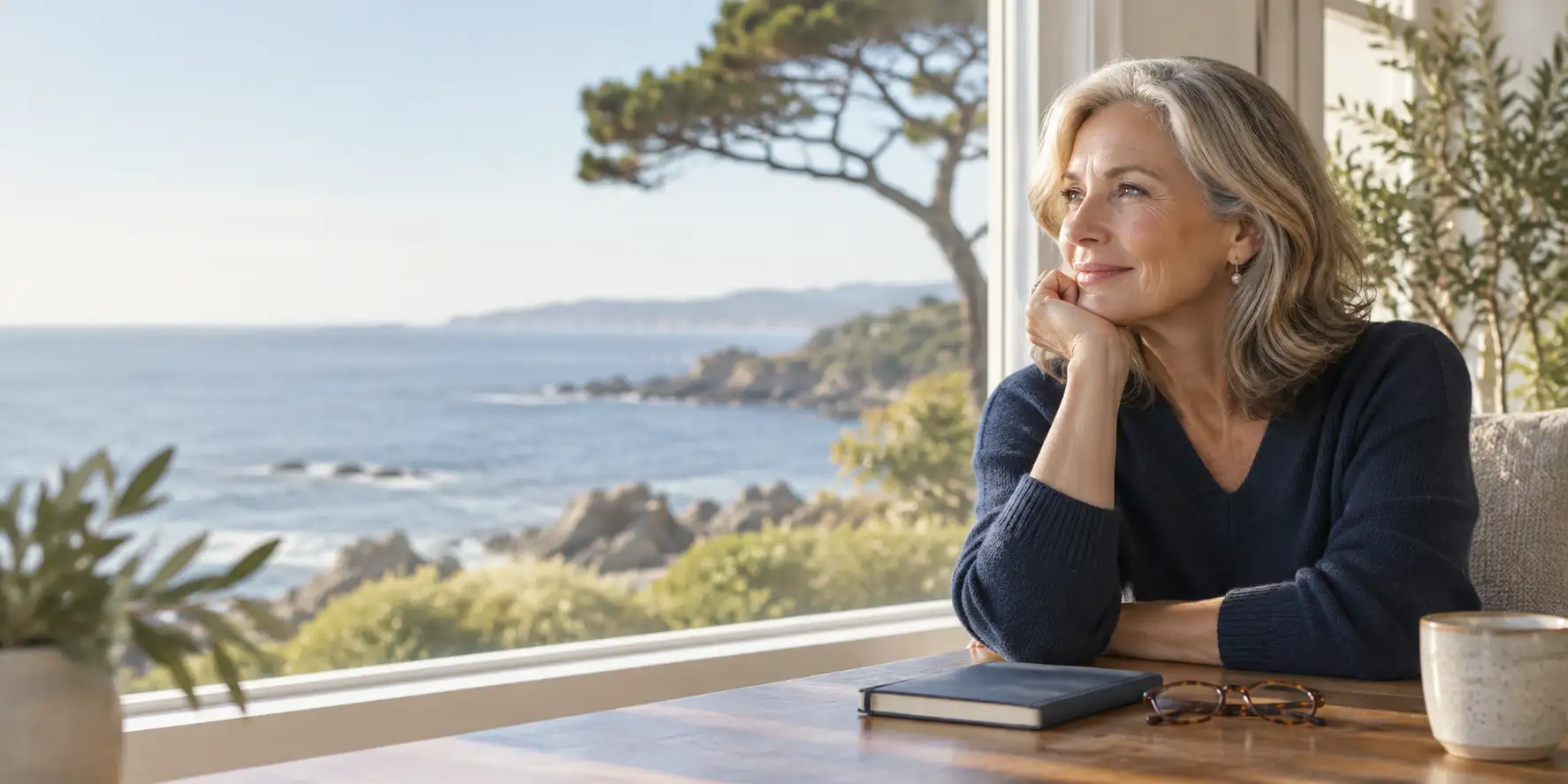 Woman sitting beside a window overlooking the coast, with a notebook and glasses on the table.