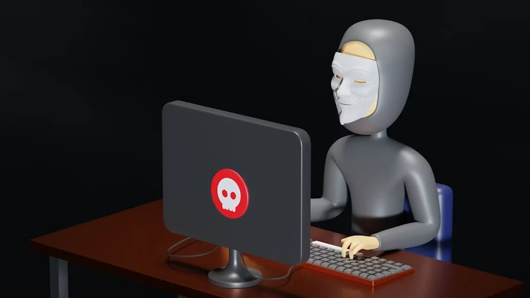 Illustration of an online scammer sitting at a desk with a computer