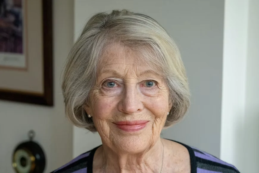 An older woman smiling, standing indoors